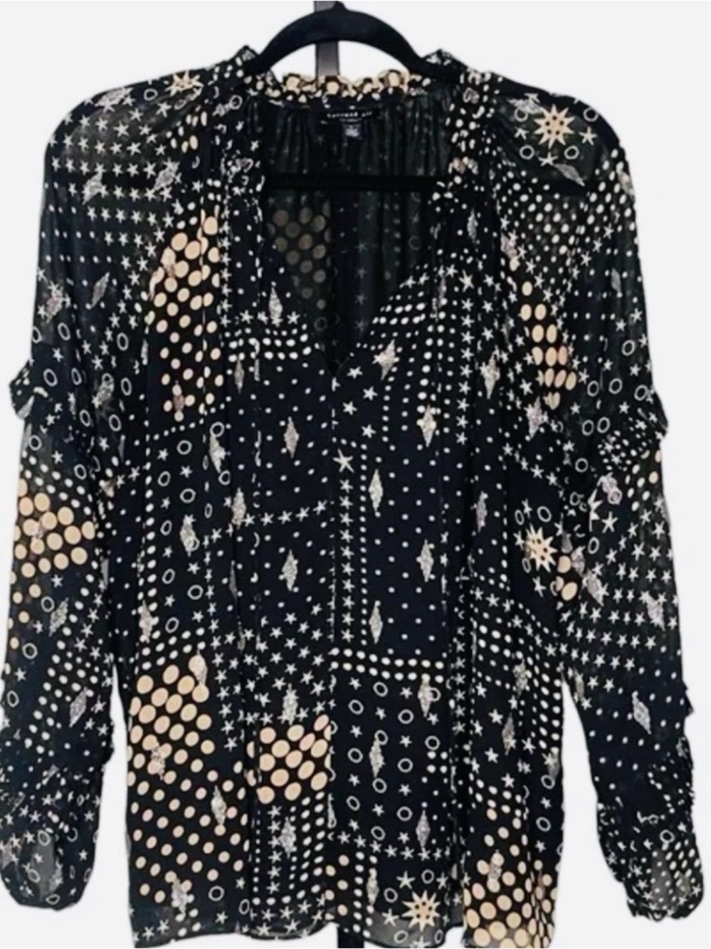 #534 Anthropologie CURRENT AIR Black Celestial Patterned Ruffle Sleeve Blouse - Picture 2 of 11